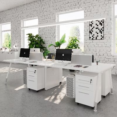 ซื้อ โต๊ะทํางานสีขาวสําหรับ 4 คน พร้อมตู้เก็บของและ Rack Mainframe รองรับการปรับแต่ง online manufacture