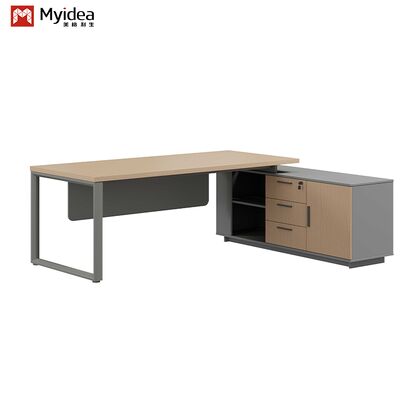 Myidea Solid Wood L-Shaped Executive Desk with Sub Cabinet and Multiple Steel Feet for Office Building