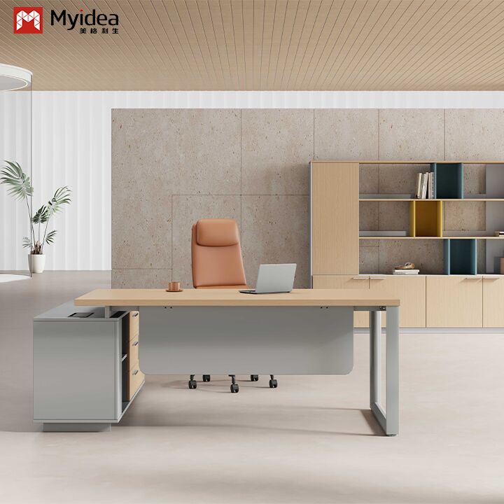 Myidea Solid Wood L-Shaped Executive Desk with Sub Cabinet and Multiple Steel Feet for Office Building
