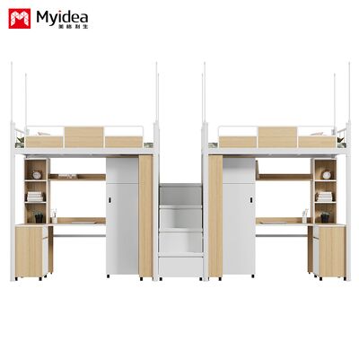 เตียงและโต๊ะ พื้นที่เก็บของขนาดใหญ่ พื้นโต๊ะทํางานที่หนาแน่น มีเล็บกลม มีขอบที่ปิดไว้สําหรับเก็บของ มีบันได และรั้วสูง