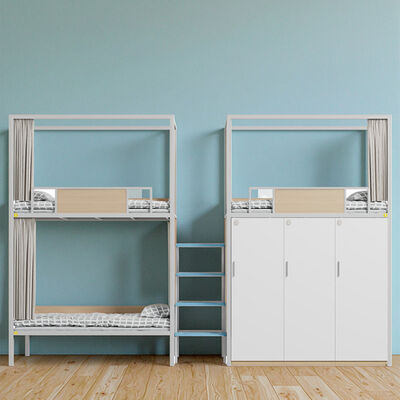 เตียงหอพักสามคนพร้อมตู้เสื้อผ้า, ไฟกลางคืนนิรภัย, บันได, ราวกั้นสูง, ม่านเตียง, เตียงหอพักนักเรียน